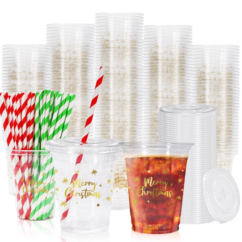 Whaline 50 Pack 12oz Christmas Disposable Cups with Lids Straws Gold Merry Christmas Plastic Glasses Cups Covers Red Green Straws for Xmas Winter Holiday Drinks Party Supplies